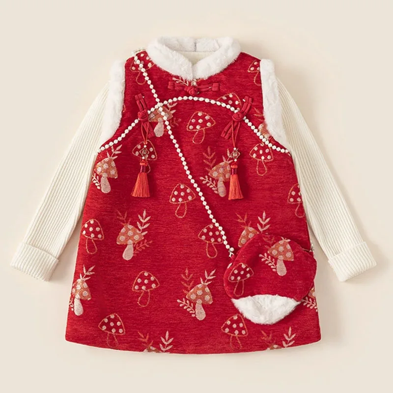 Vestido de invierno rojo de princesa con bordado y forro polar - imagen 2