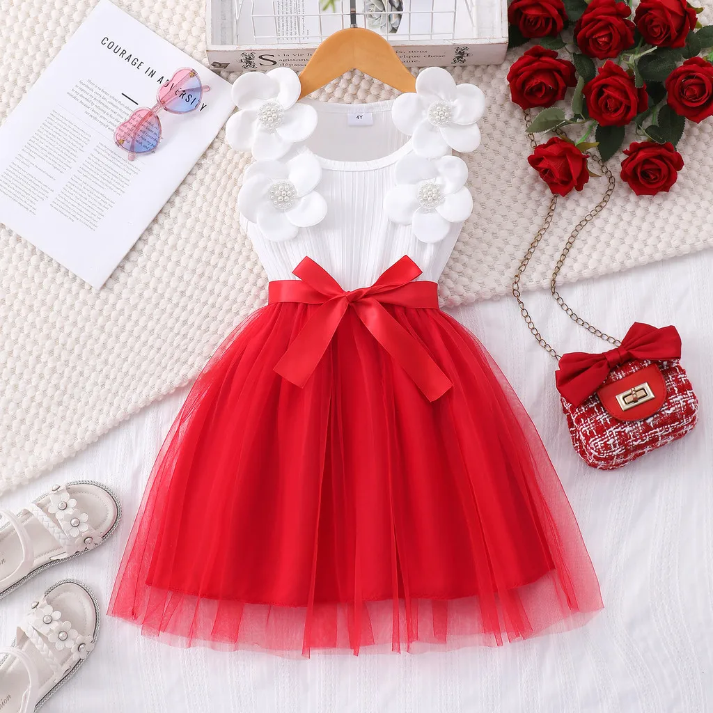 Vestido princesa rojo de flores para niña de manga corta verano - imagen 2