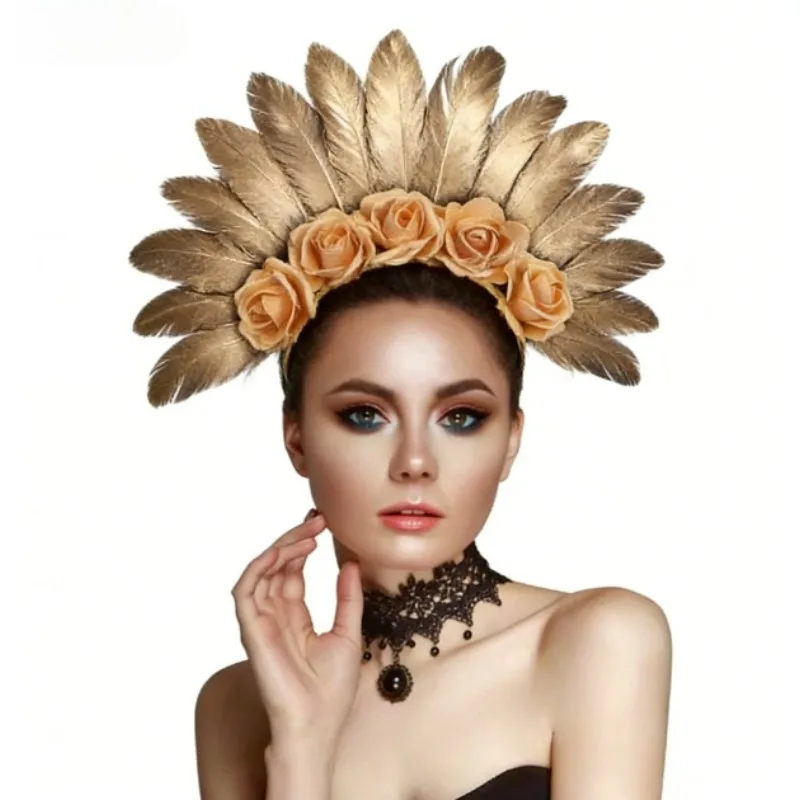 Diadema floral Día de los Muertos Halloween de rosas y plumas - imagen 3