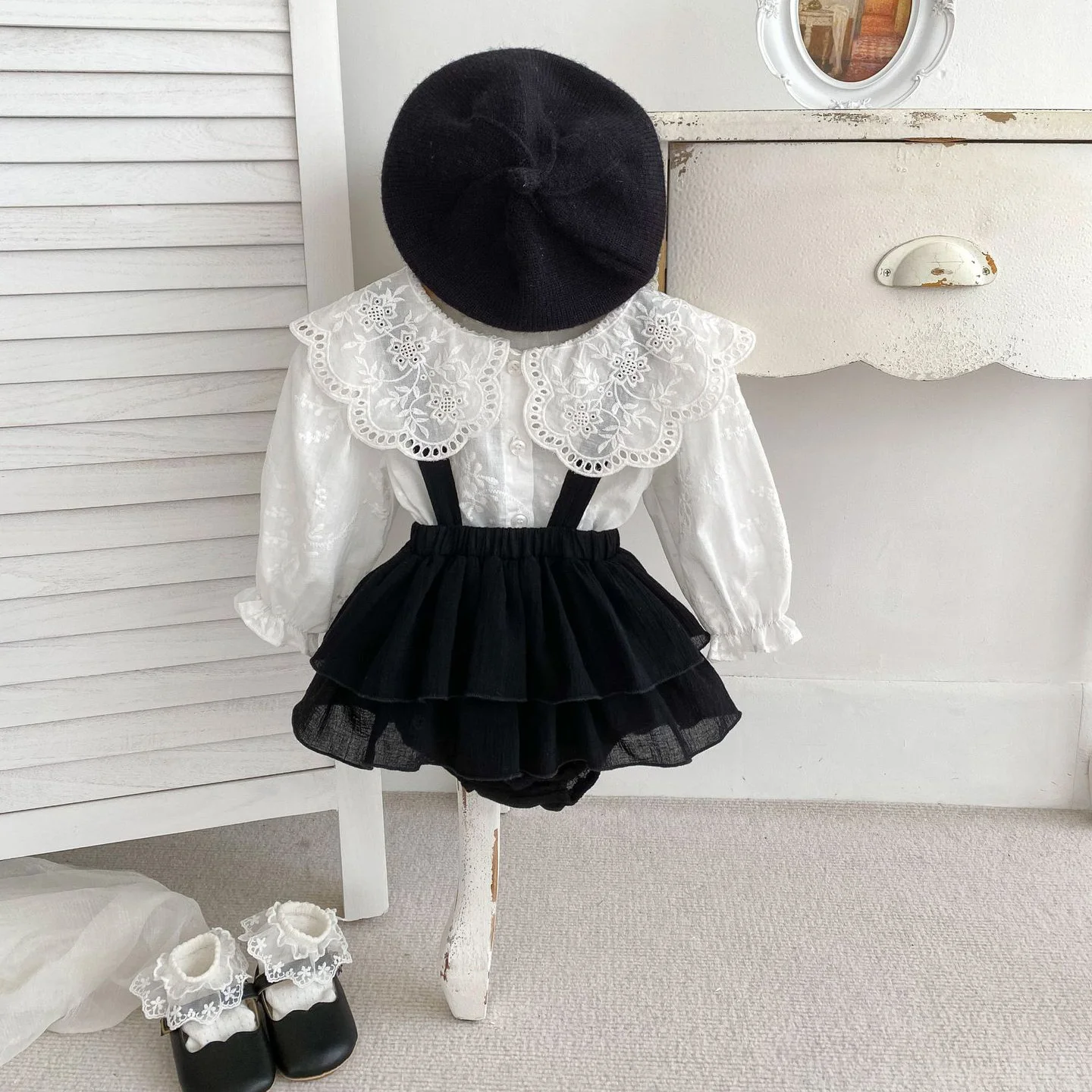 Milangel conjunto 2 piezas niña: blusa princesa cuello y body encaje