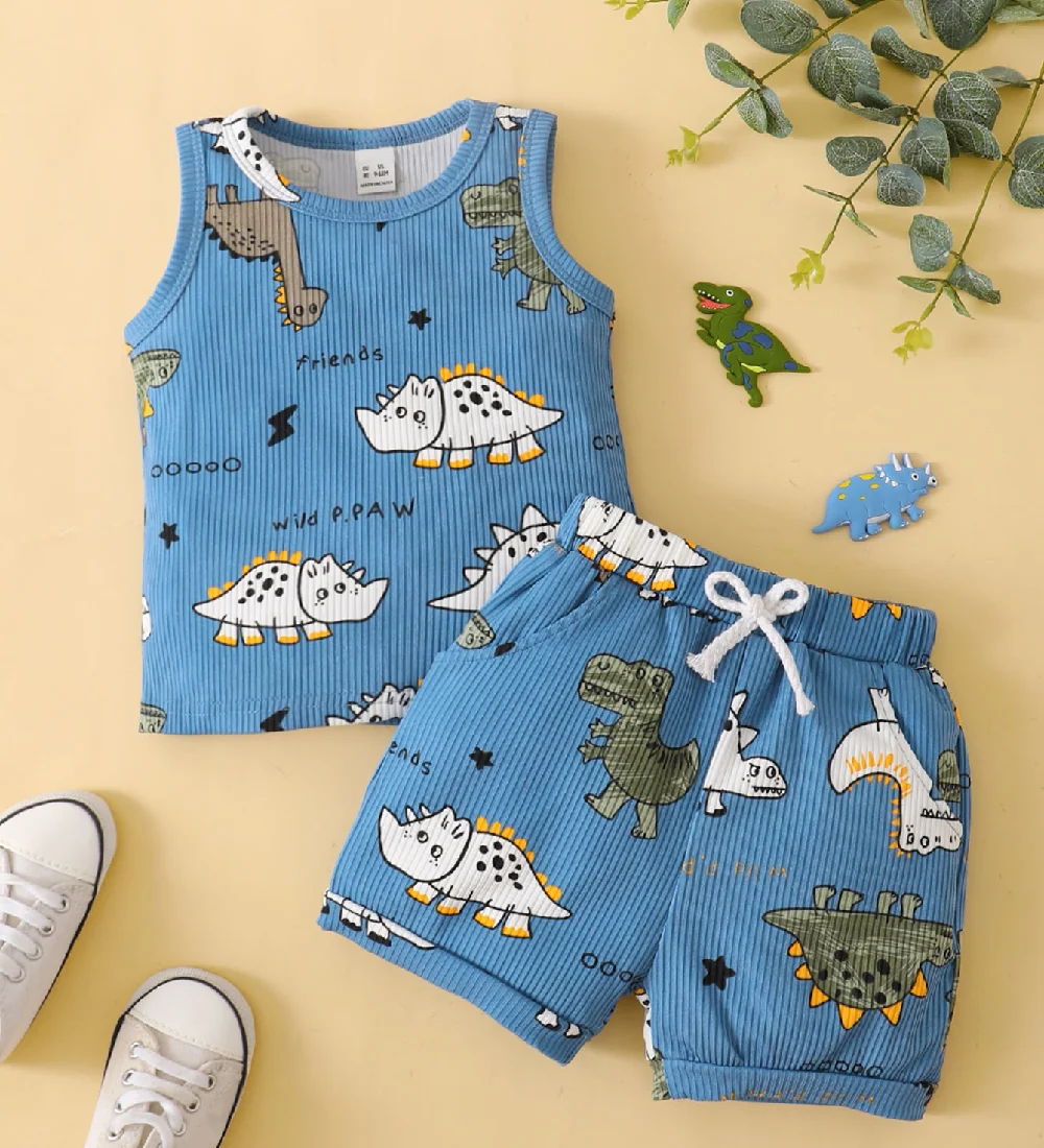 Conjunto de bebé dinosaurio: camisa sin mangas y pantalón corto