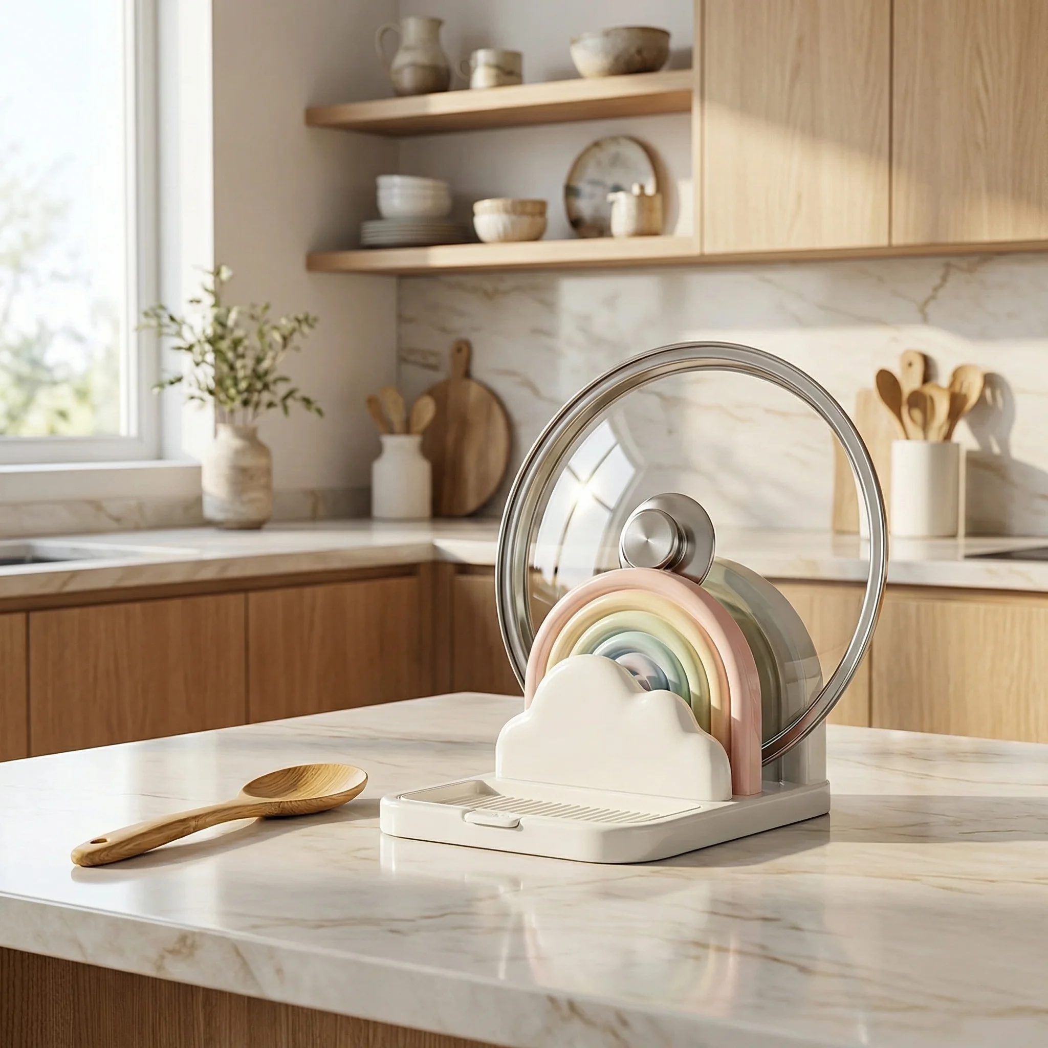 Soporte compacto para tapas de ollas y sartenes, organizador