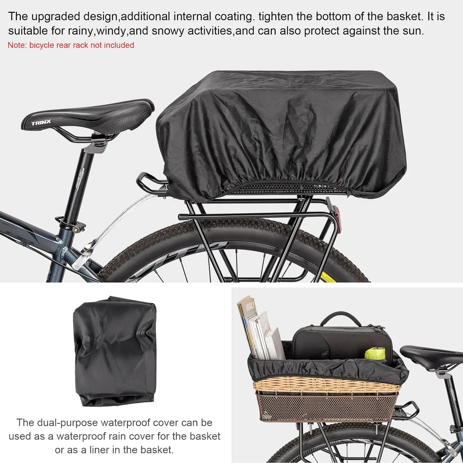 Cesta trasera para bicicleta tejida con red y funda impermeable - imagen 5