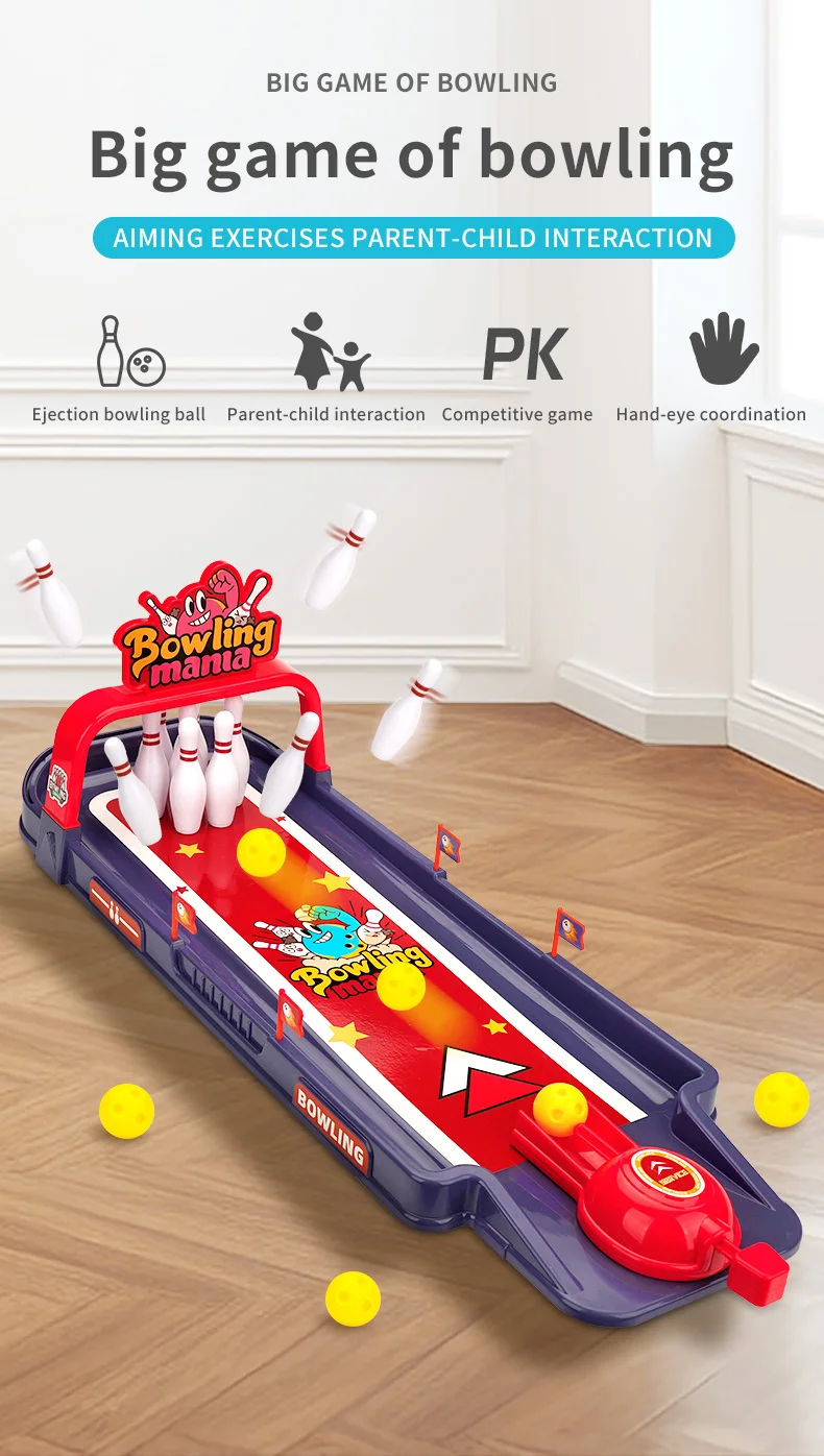 Vista general del juego de mesa CONUSEA con bolos y bola de lanzamiento