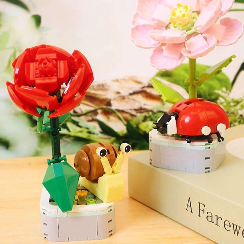 Juguete educativo de bloques rosas: mariposa en maceta para niños - imagen 5