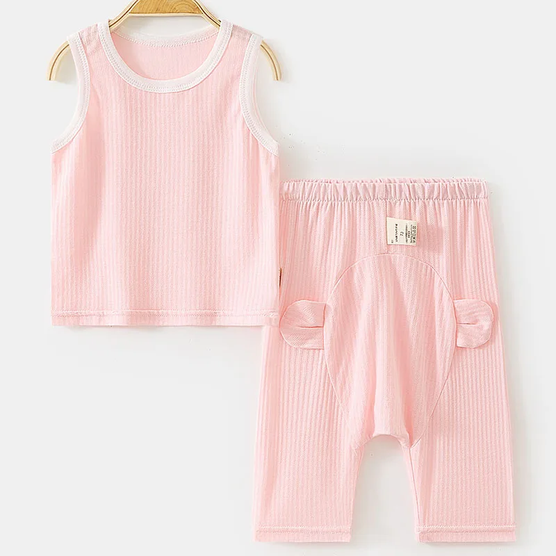 B189 Conjunto verano bebé infantil algodón sin mangas top y pantalón