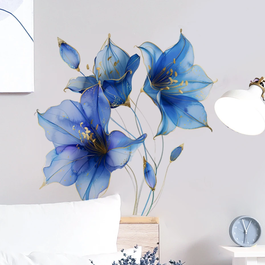Pegatinas de pared de vinilo acuarela de flores azules para niña - imagen 4