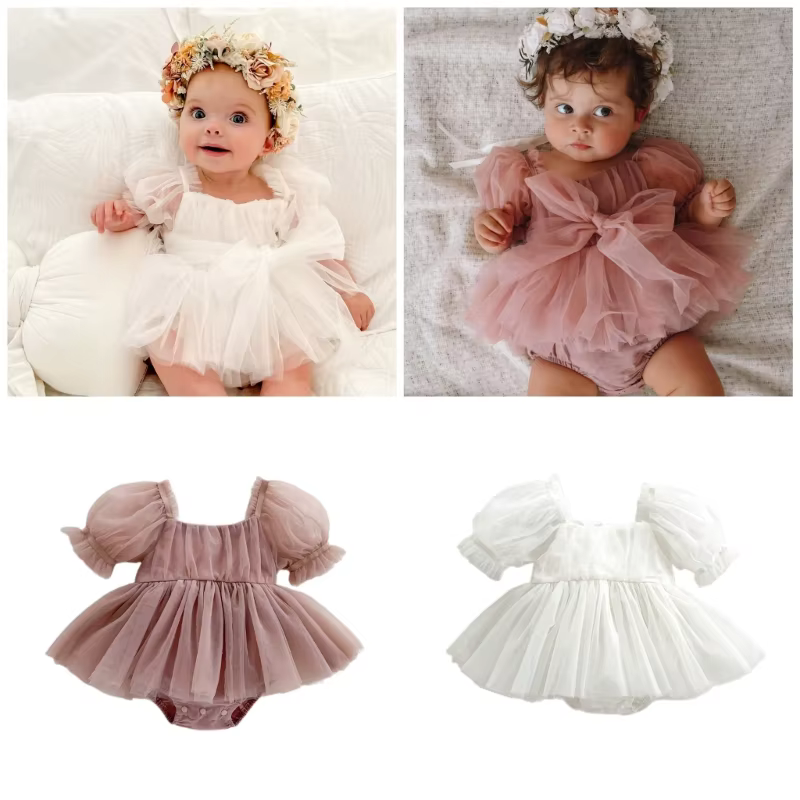 QX2D Vestido niña mangas burbujas con lazo transpirable