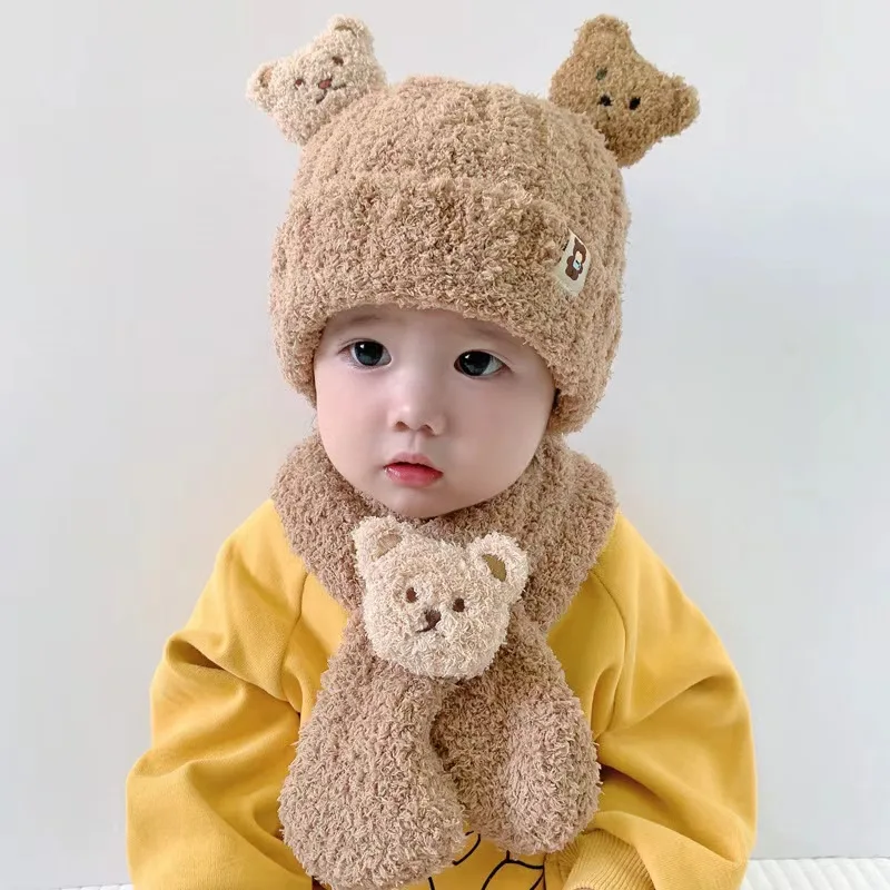 Gorro con orejeras de punto oso para bebés en invierno cálido - imagen 2