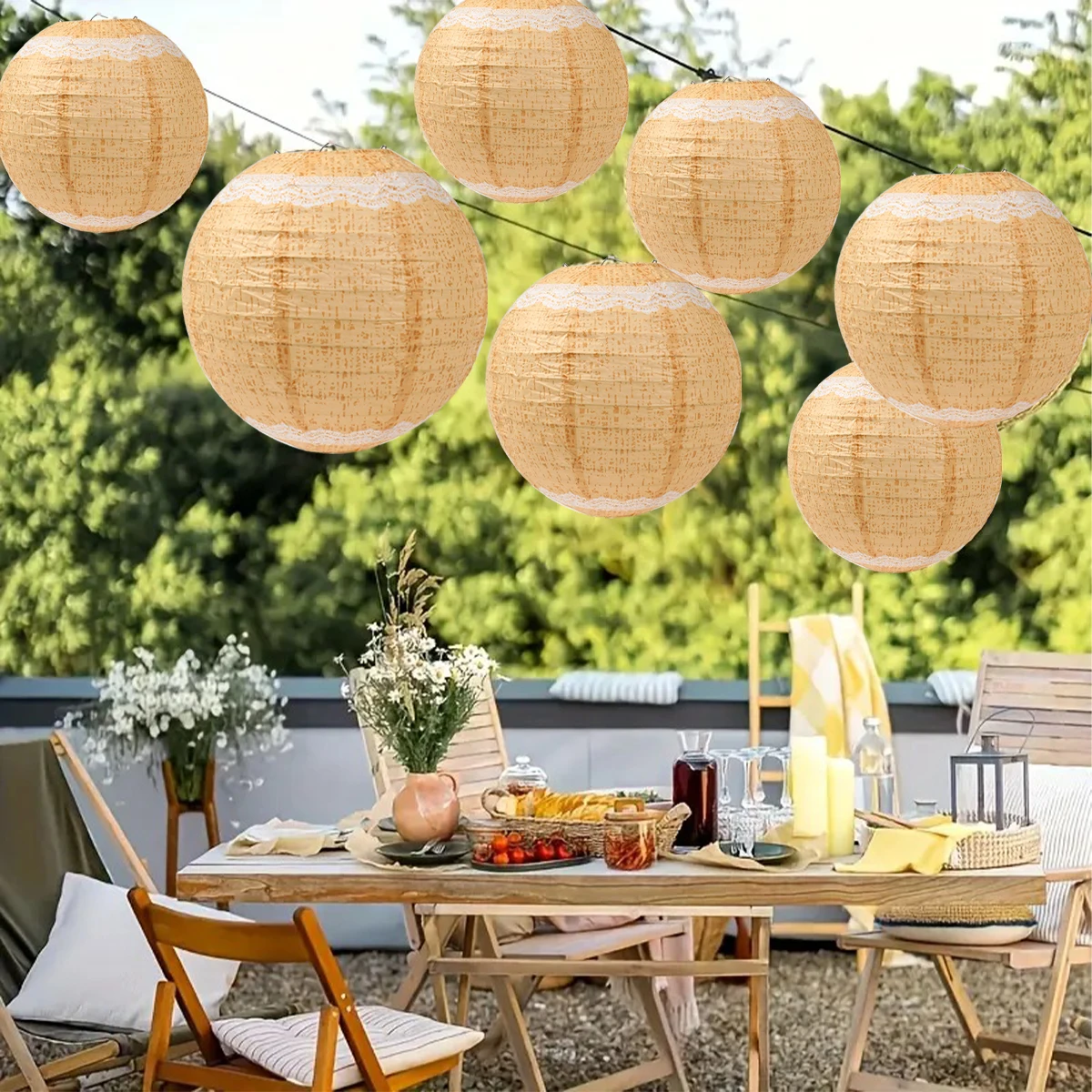 Linterna colgante redonda de papel rústico con encaje para jardín - imagen 5