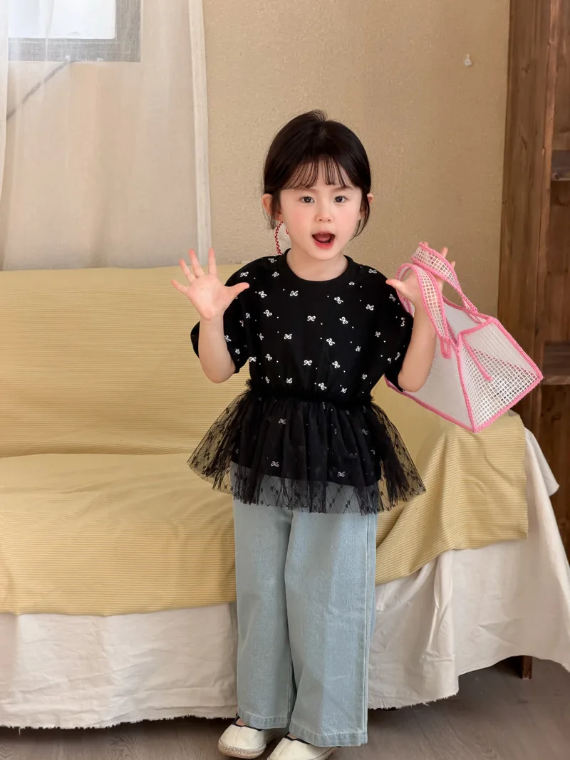Camiseta de malla con lazo para niña – Manga corta estilo coreano - imagen 4
