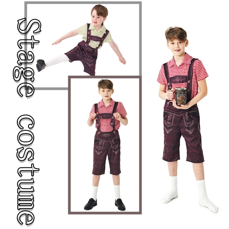 QX2D Disfraz Oktoberfest infantil de tirantes a cuadros con chaleco