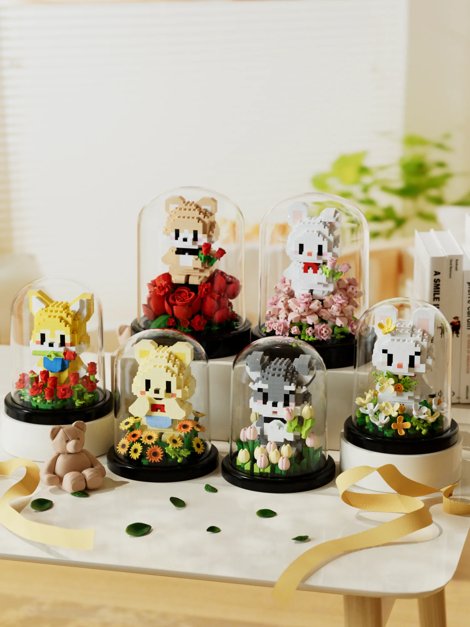 Ramo de flores y figuras de animales hechos con bloques de construcción