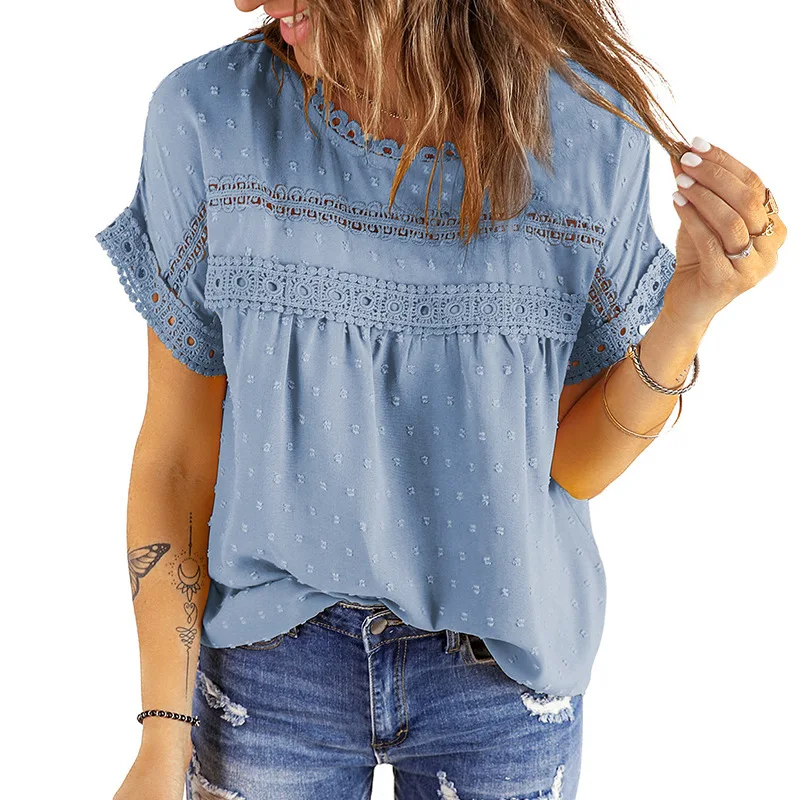 Blusa verano de gasa con encaje y cuello redondo - imagen 3