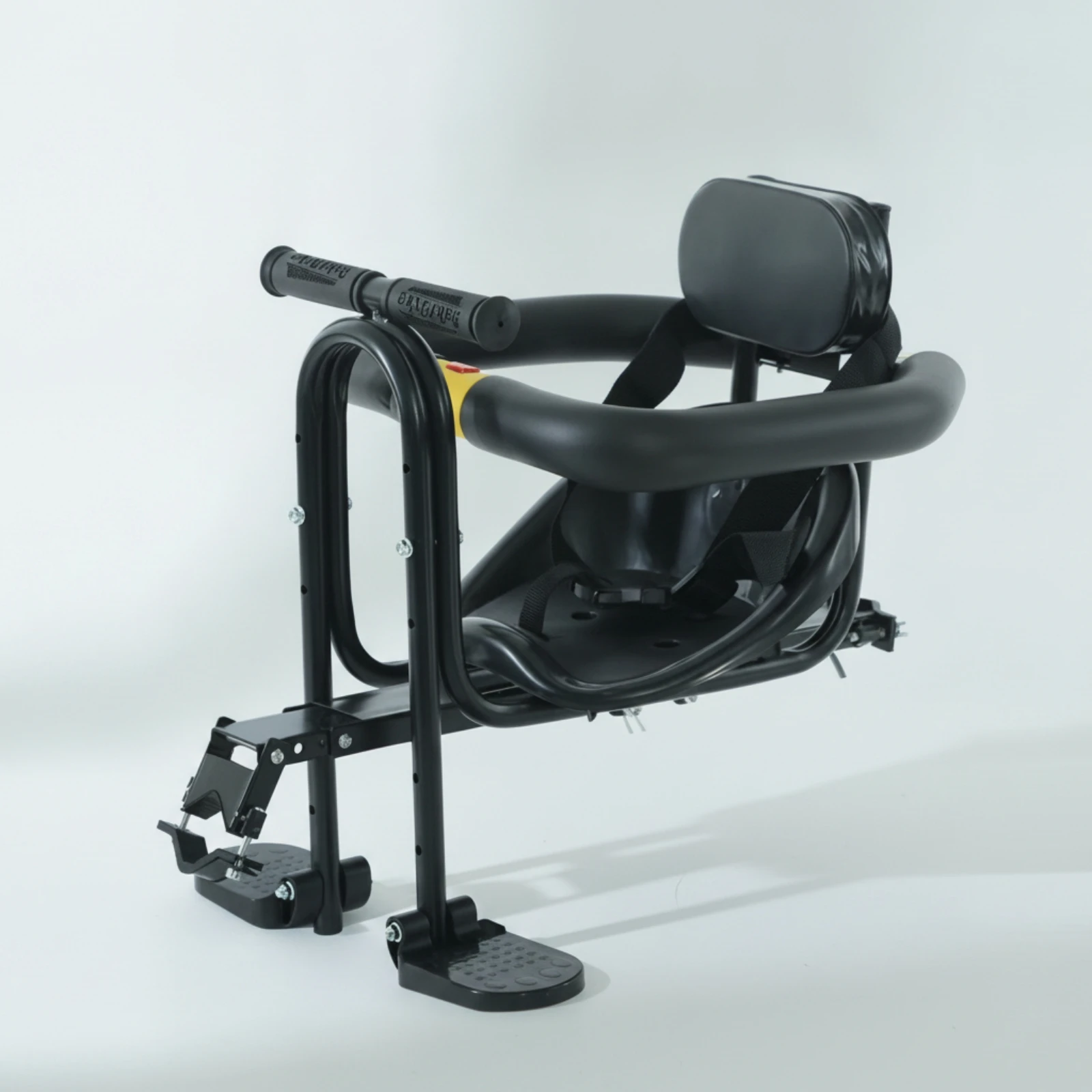 Asiento delantero bicicleta infantil acolchado con arnés y reposapiés