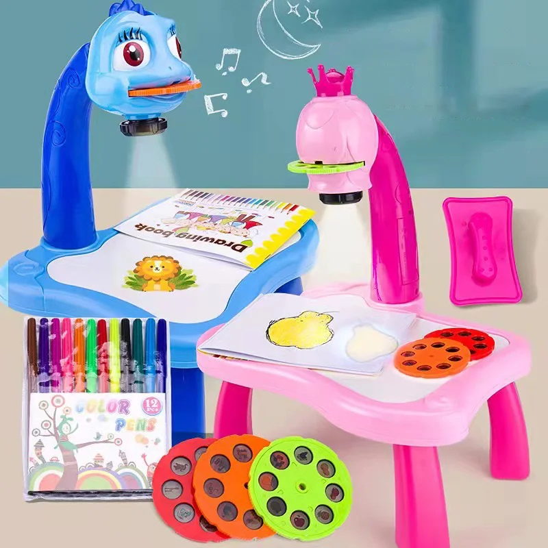 Mesa de dibujo infantil con proyector LED – Tablero artístico para niños