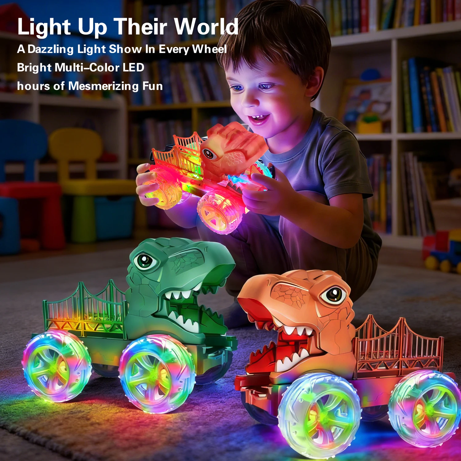 Coche dinosaurio con luces LED y ruedas anticolisión para niños - imagen 4