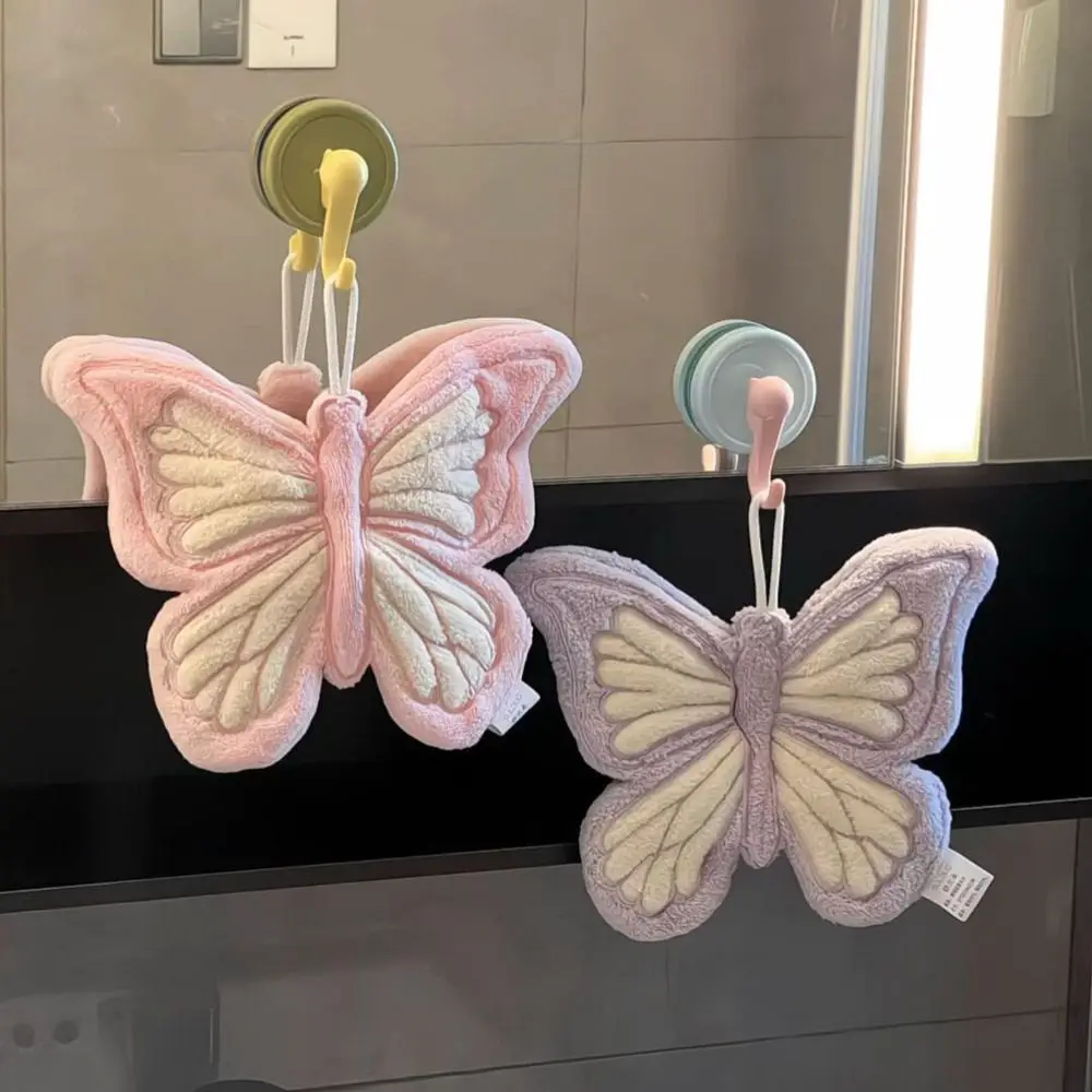 Toalla de mano de terciopelo coral colgante con mariposas - imagen 3