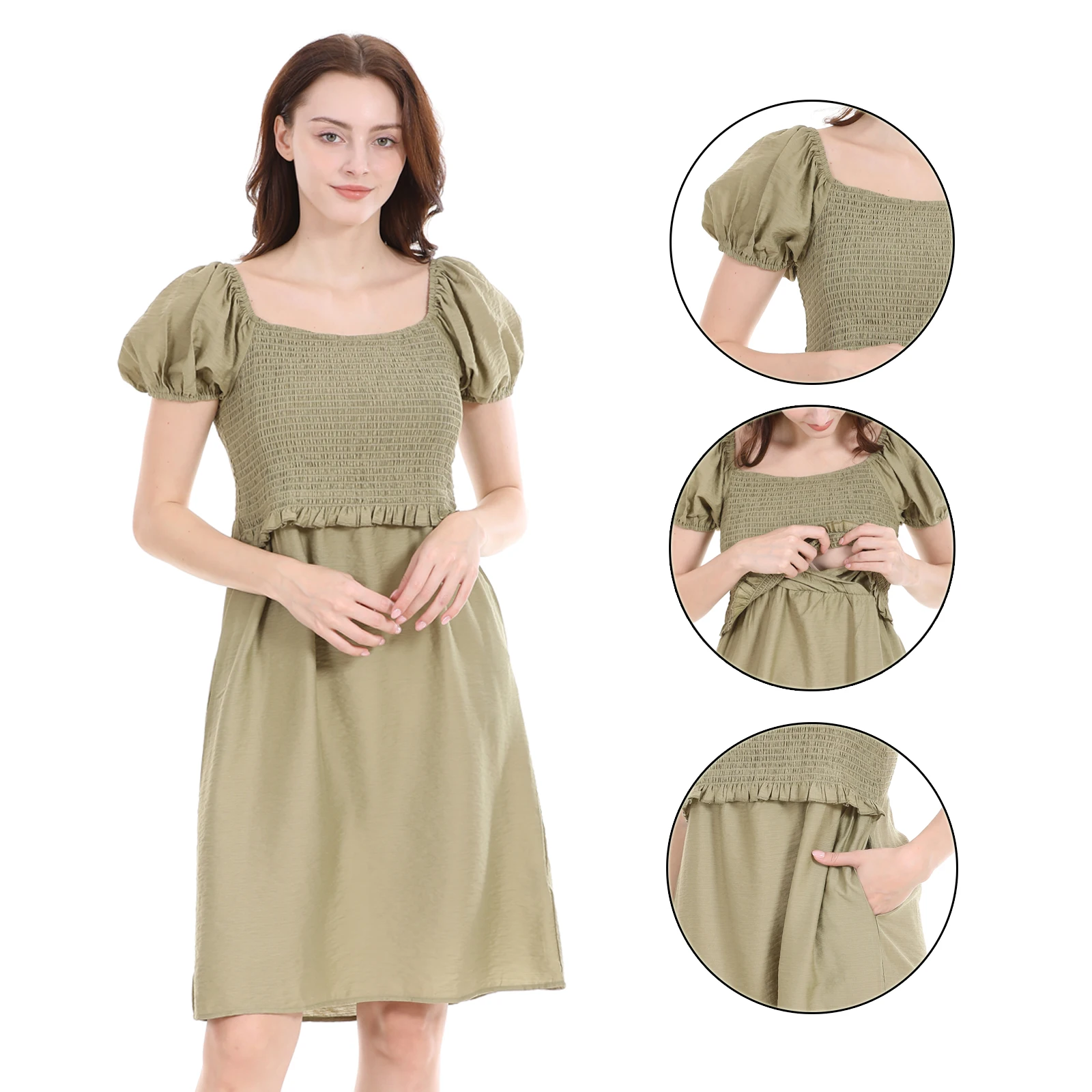 Vestido de lactancia con cuello cuadrado y mangas abullonadas - imagen 3