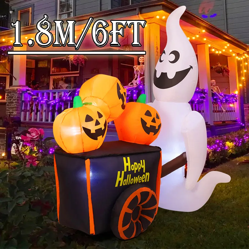 Inflable de Halloween con carrito de calabaza y luces LED
