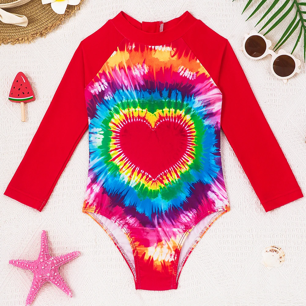 Traje de baño manga larga para niñas con estampado colorido