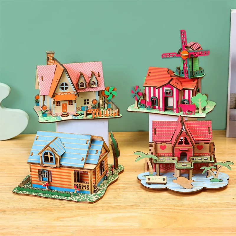 Kit de construcción de villa con piezas de madera cortadas con láser