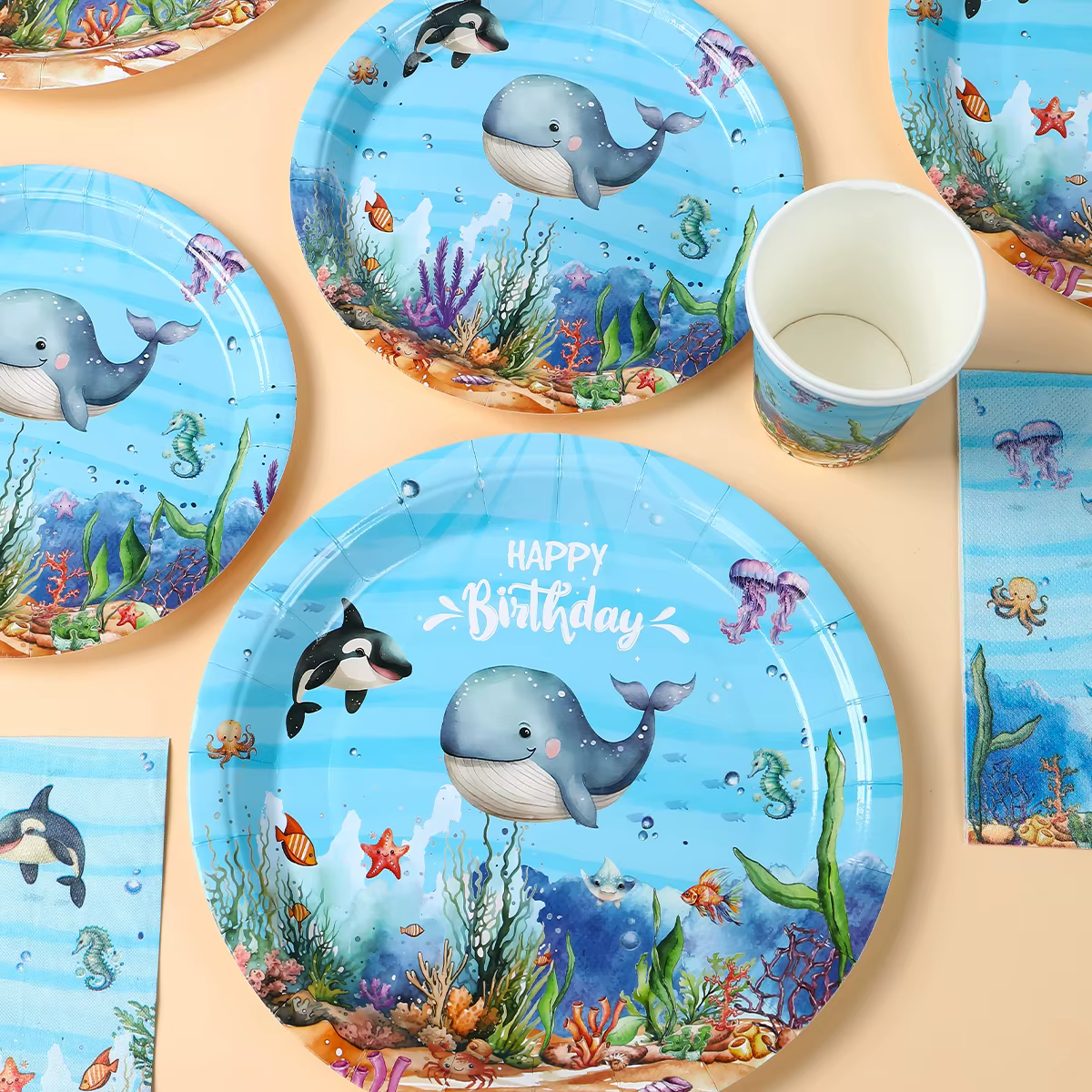 Vajilla desechable tiburón para cumpleaños infantiles – Tema marino - imagen 4
