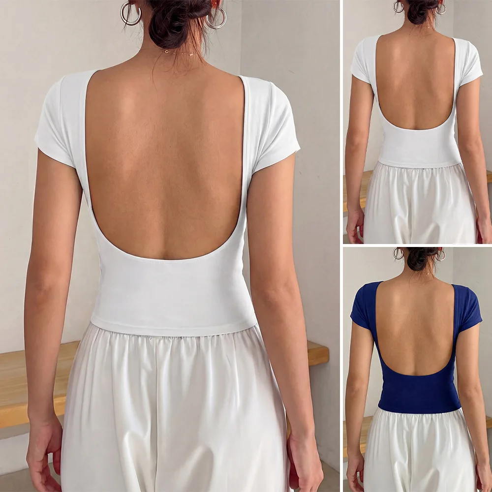Somenie camiseta corta de cuello en U con espalda abierta para mujer - imagen 5