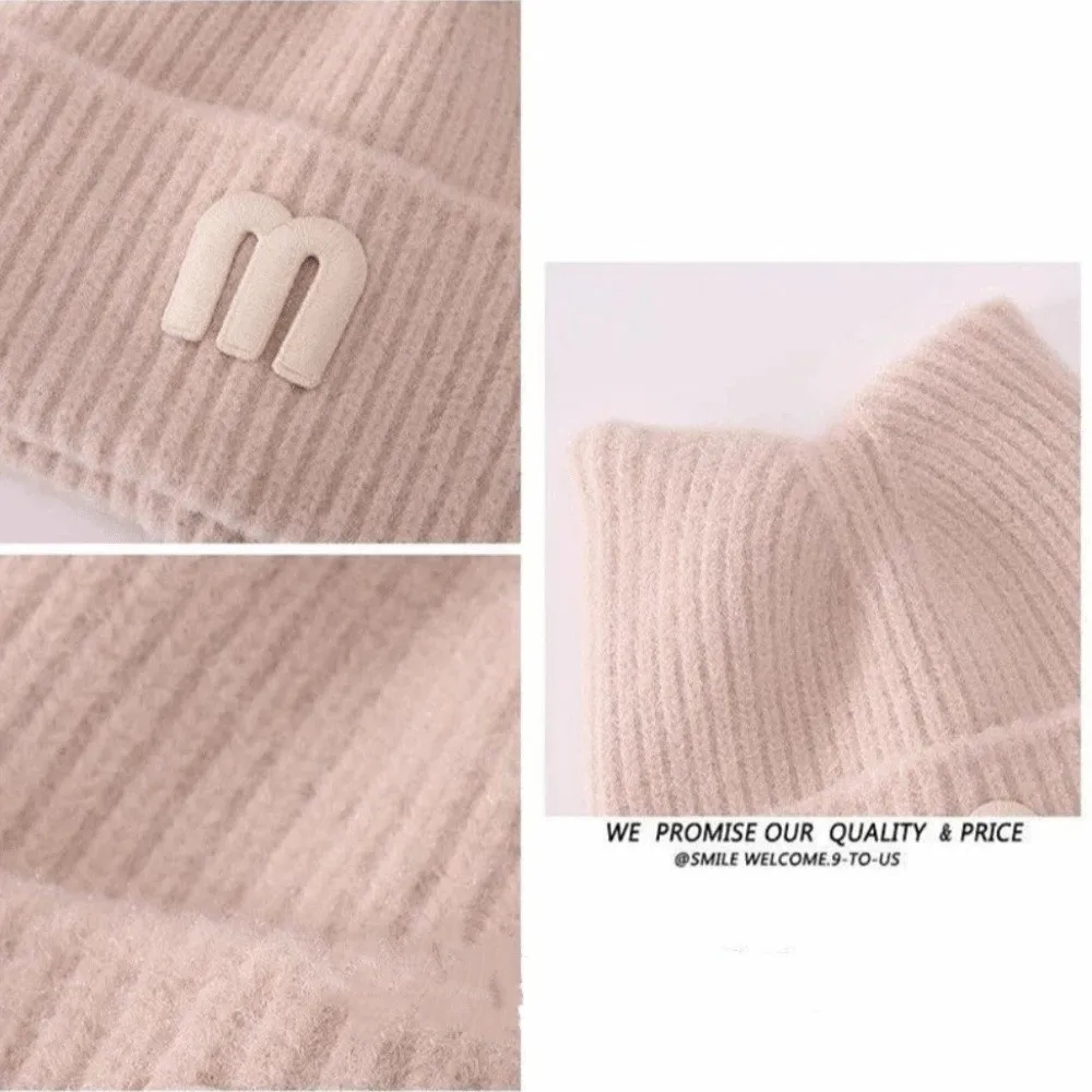 Gorro de punto para invierno, color sólido, cálido con letras - imagen 3