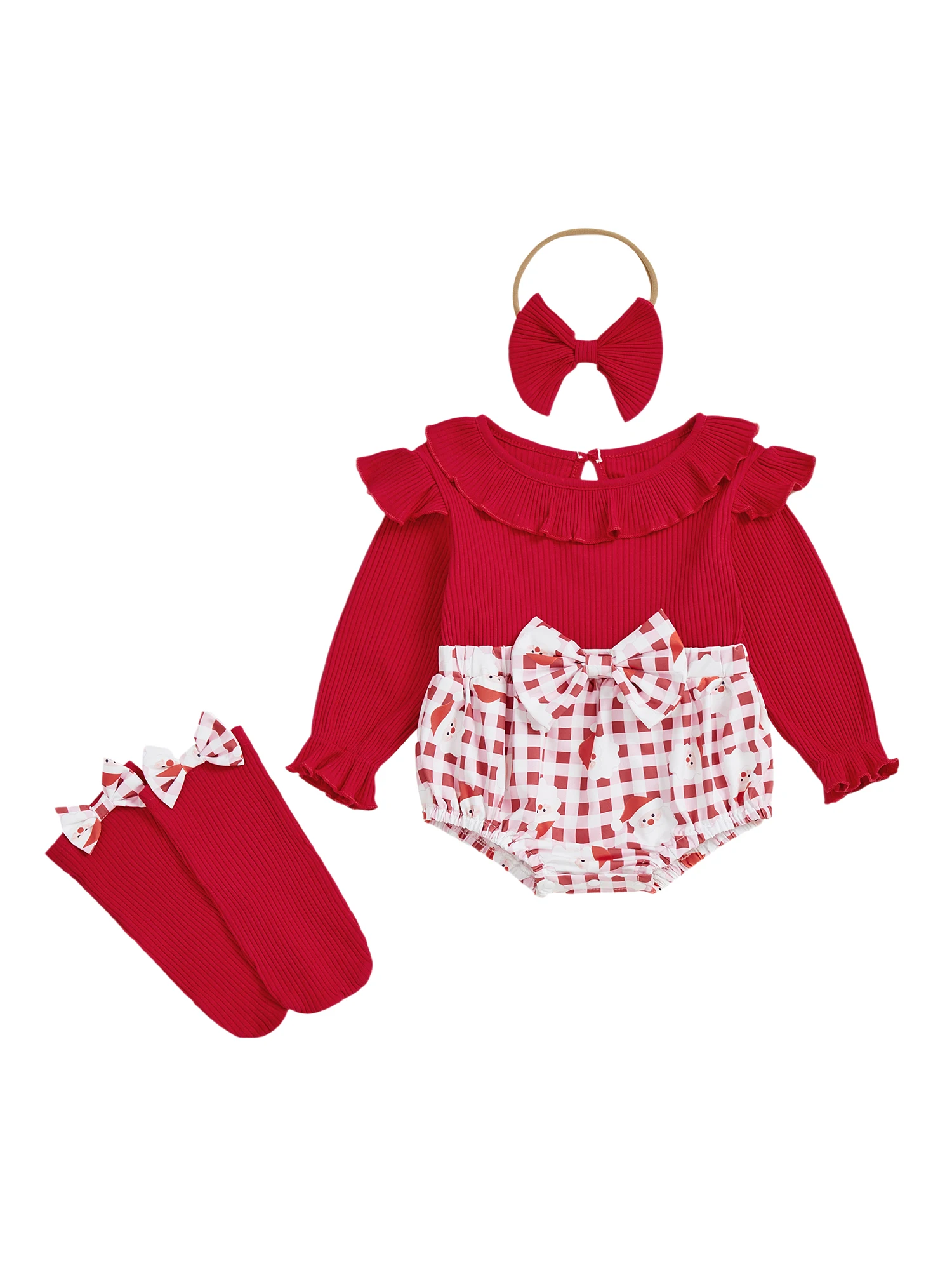 Conjunto navideño de bebé con mameluco, diadema y calcetines largos