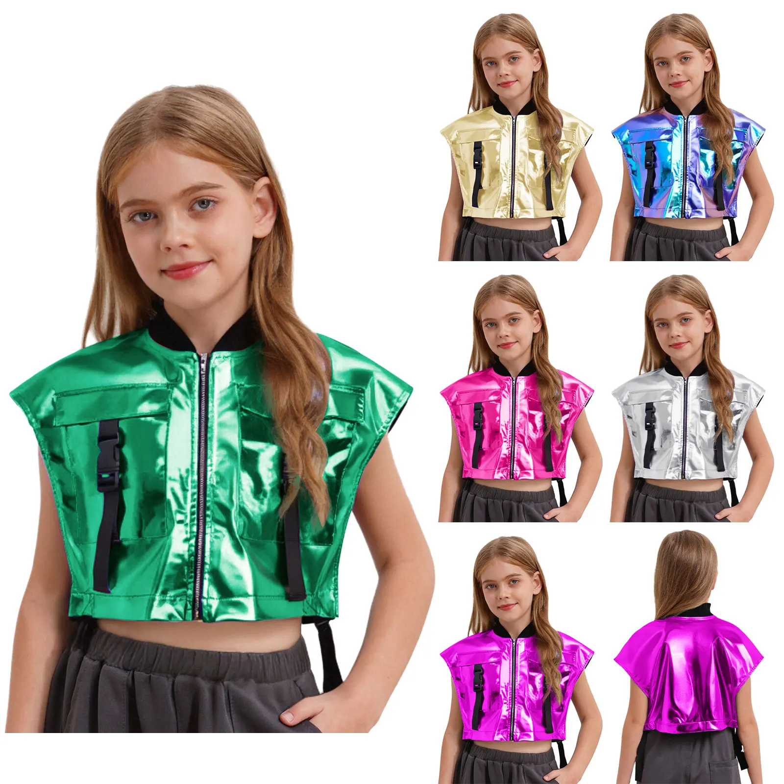 Chaleco metalizado sin mangas con cremallera para niñas - imagen 4