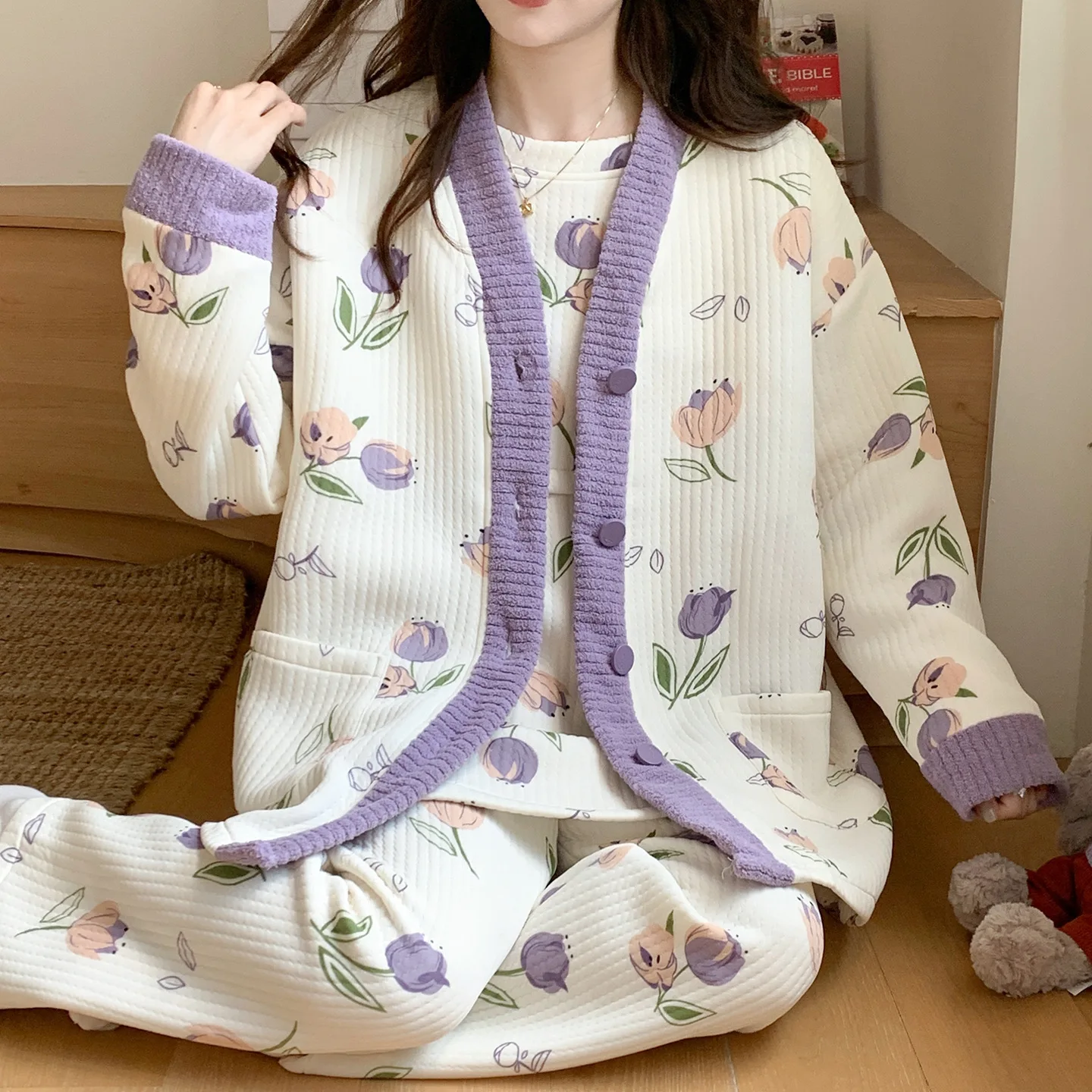 Pijama premamá acolchado de algodón grueso para invierno - imagen 4