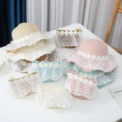 Sombrero de paja infantil ala ancha con protección solar y margaritas