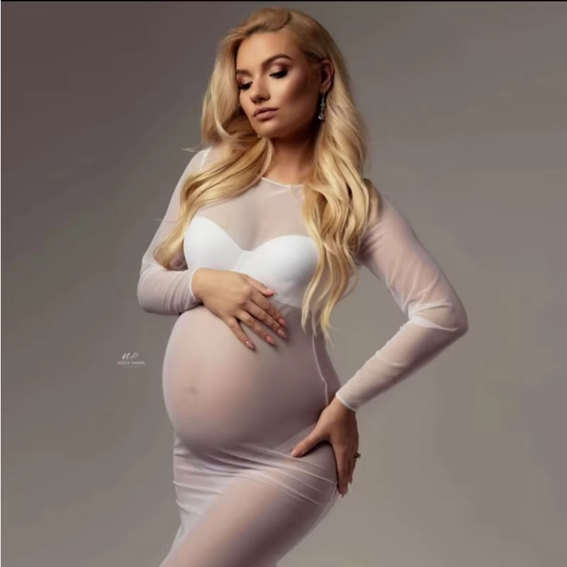 Body de tul para embarazadas – Vestido de maternidad manga larga - imagen 3