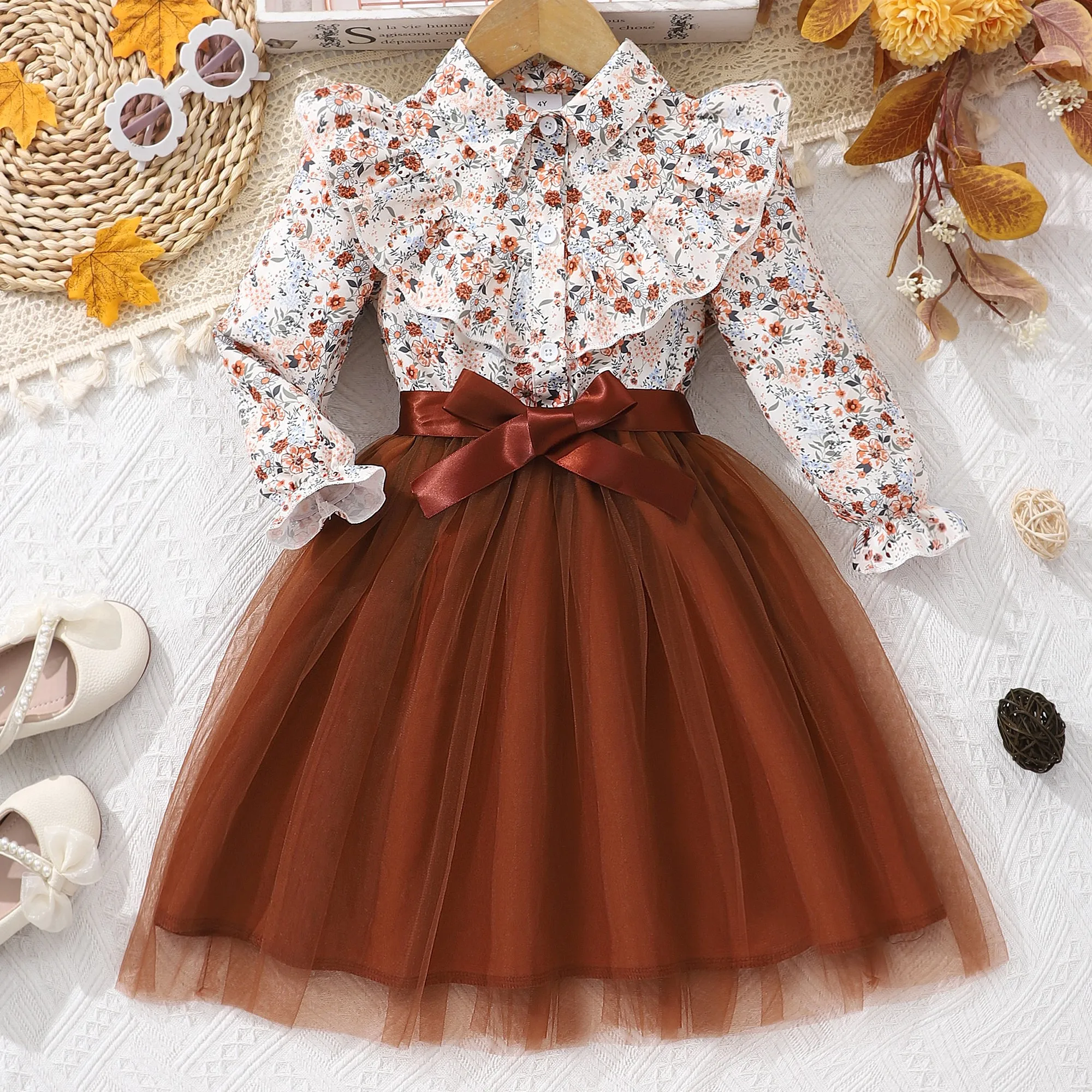 Vestido niña azul princesa con cinturón de gasa y manga larga - imagen 2