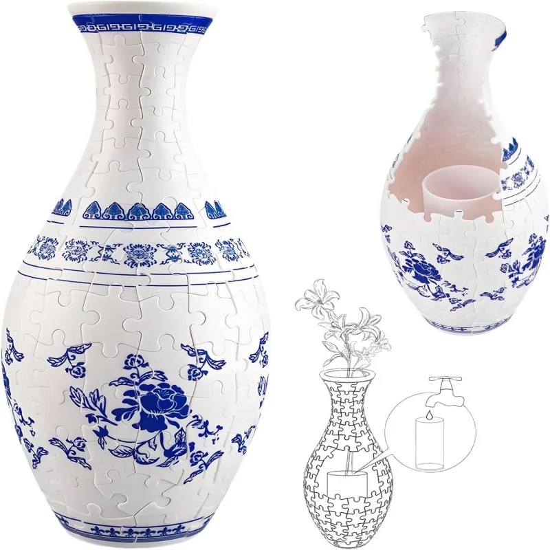 Puzzle 3D de jarrón estilo porcelana azul y blanca manualidades - imagen 2