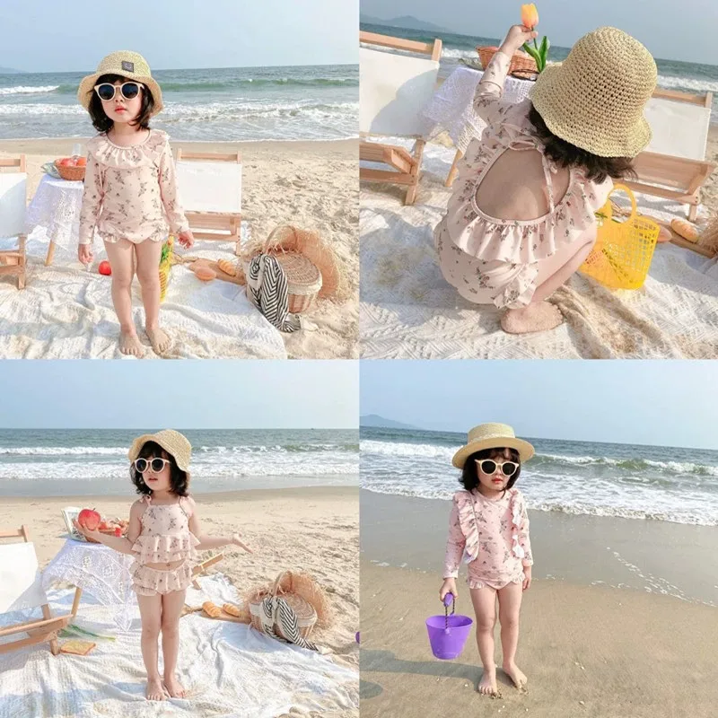Traje de baño floral para niñas con volantes y espalda descubierta