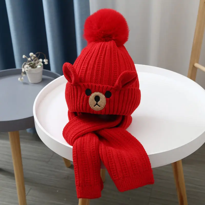 Conjunto bebé de gorro bufanda pompón terciopelo punto invierno - imagen 5