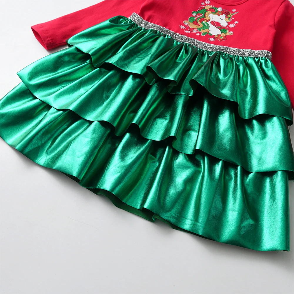 Vestido de Navidad infantil DXTON unicornio patchwork verde invierno