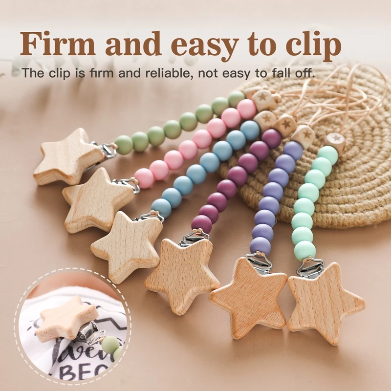 Clip para chupete para bebés con estrella de madera