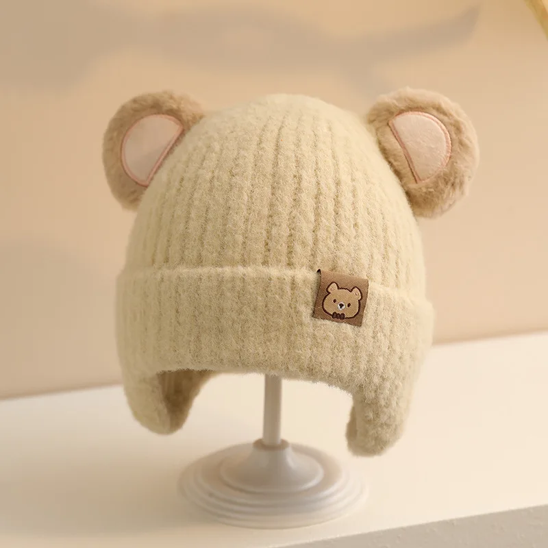 Gorro de punto con orejas de oso y forro polar para niños