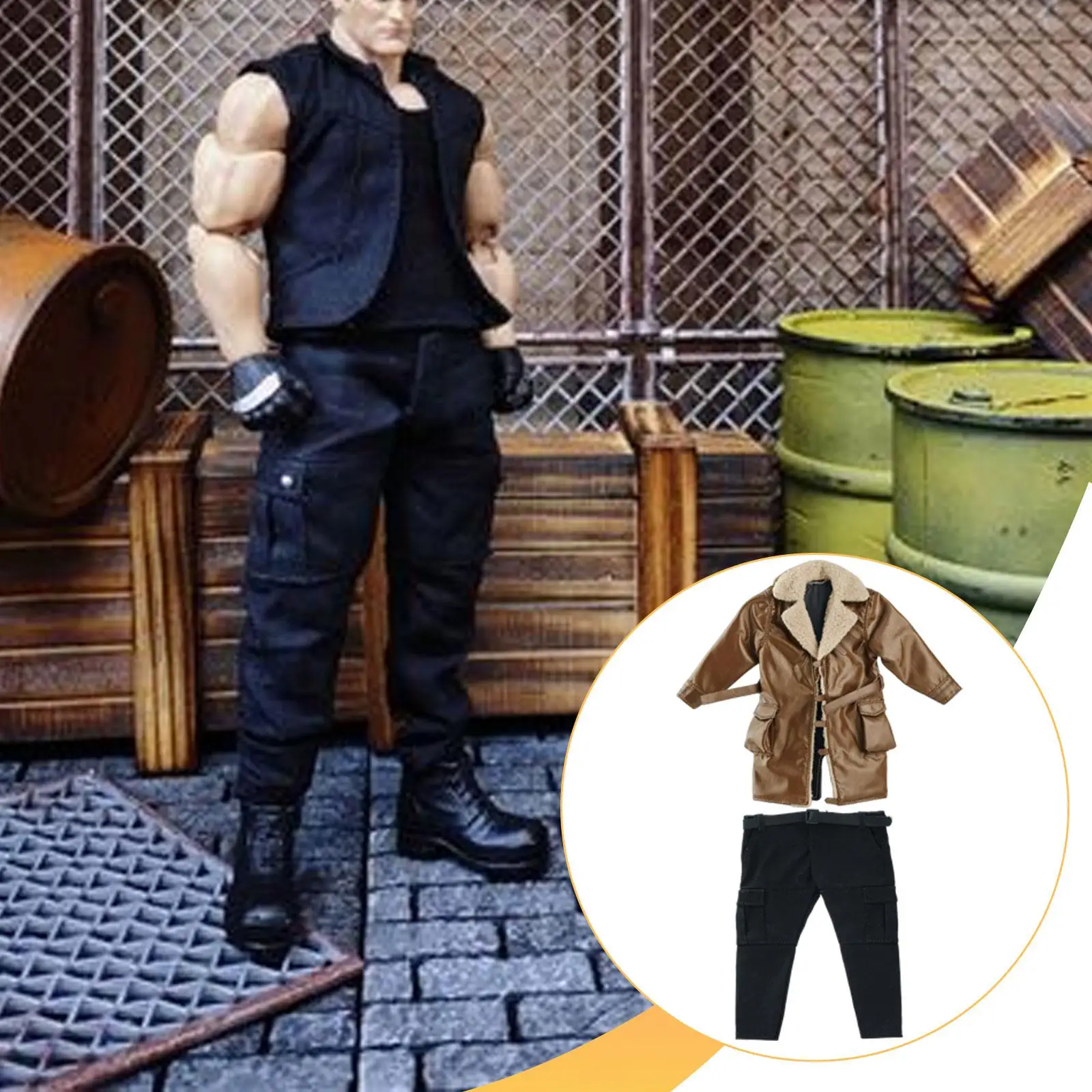 Abrigo de cuero y pantalones cargo para figura 1/10 1/12