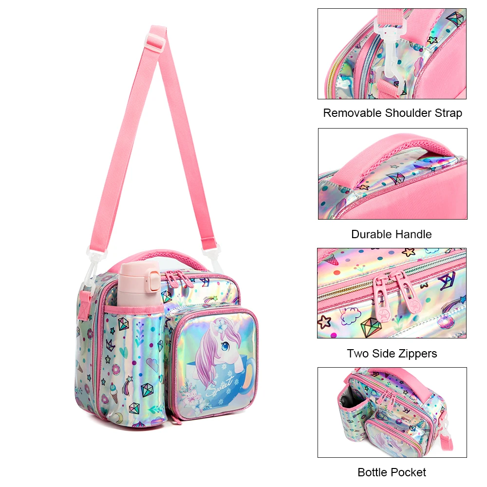 Lonchera escolar aislada unicornio para niñas con porta botella - imagen 2