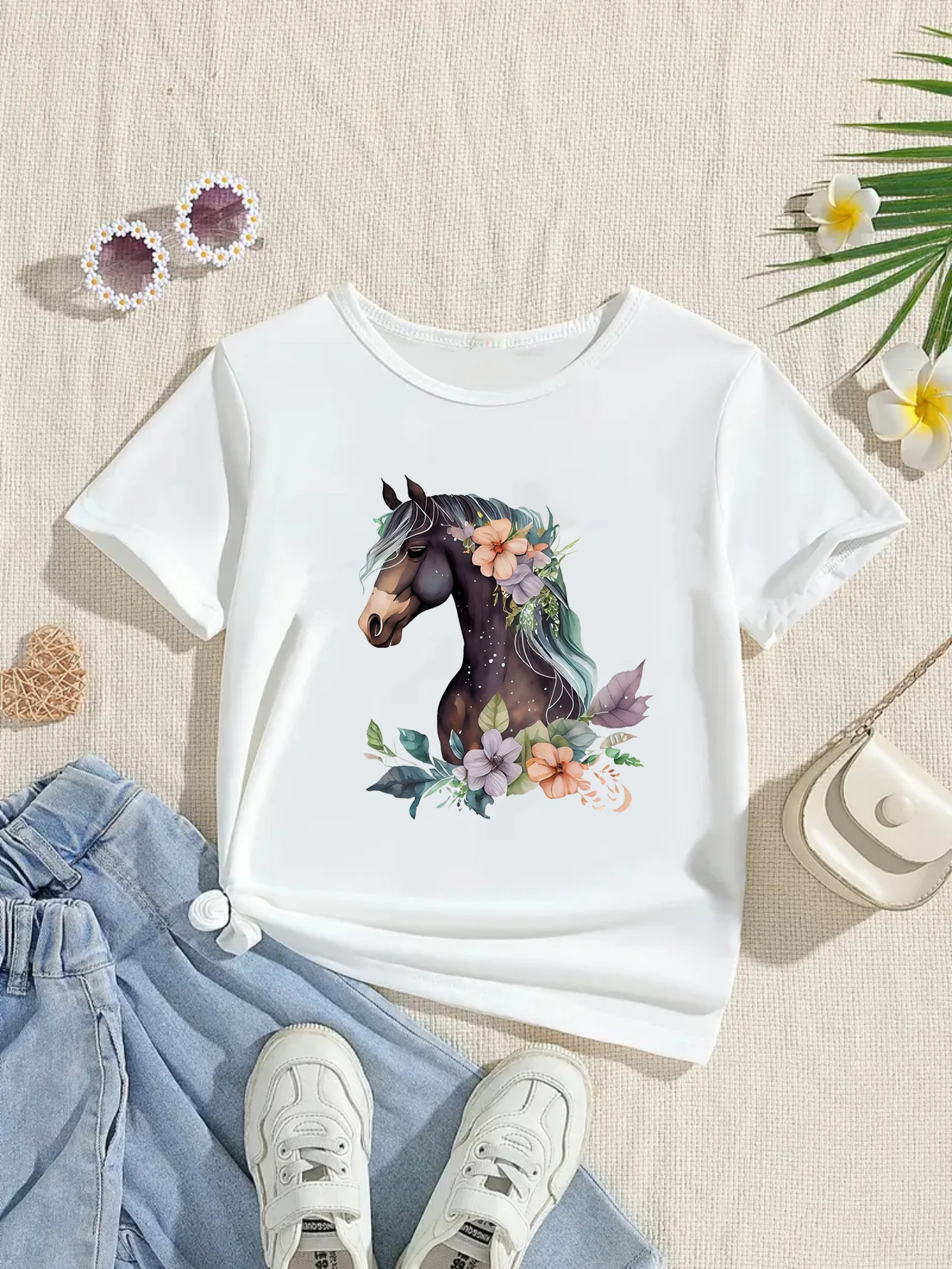 Camiseta de manga corta estampado flores y caballos para niñas - imagen 3
