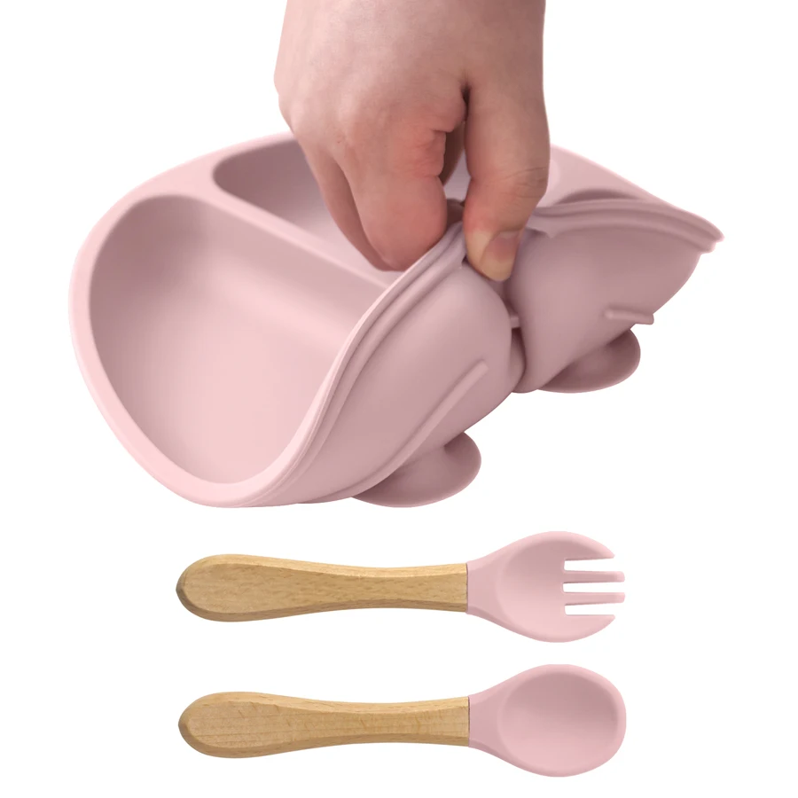 Vajilla infantil de silicona con mango de madera - Plato y cubiertos