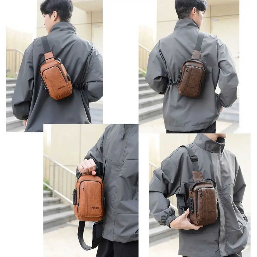 Bolso antirrobo de pecho impermeable cuero PU con USB y bandolera - imagen 5