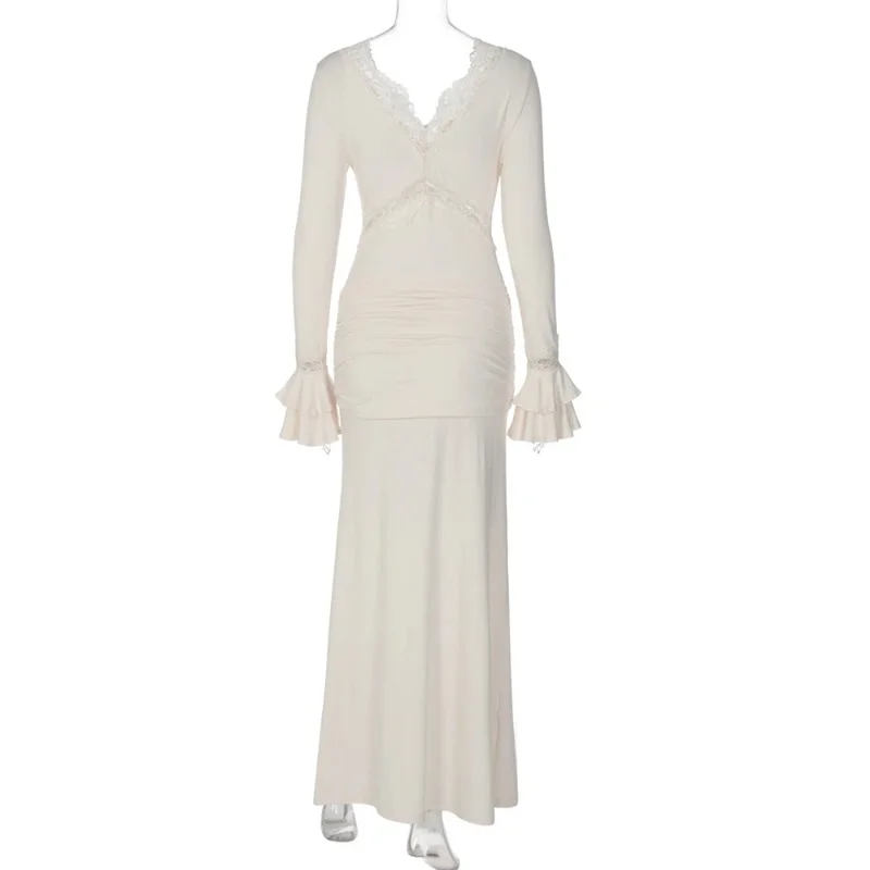 Vestido de maternidad con encaje blanco – Escote V y manga larga - imagen 3