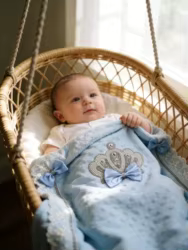 Envoltura bebé niño azul claro con corona, encaje y lazos para bautizo