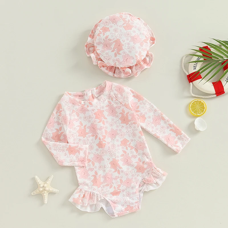 Bañador niña estampado floral, gorro de baño con volantes - imagen 4