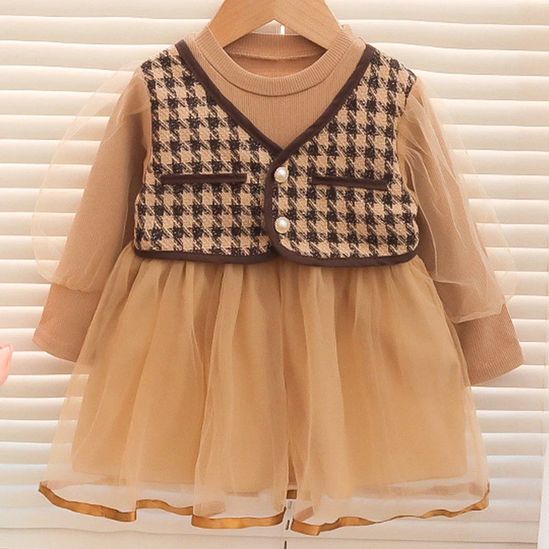 Vestido de bebé a cuadros manga larga estilo princesa para niña - imagen 2